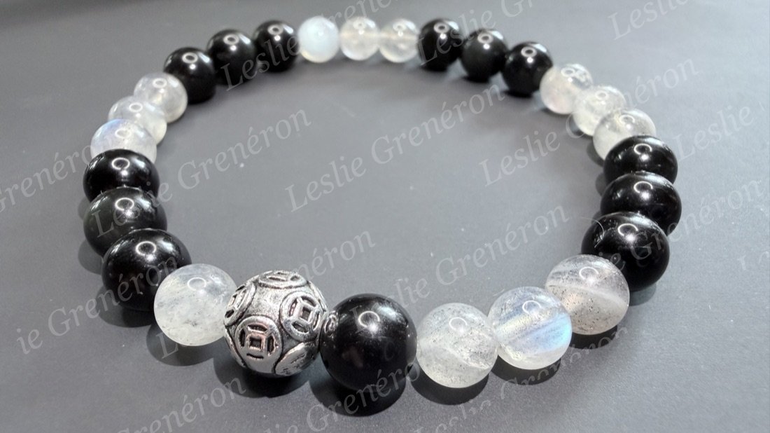 Bracelet Protection & Lumière en pierres naturelles — Obsidienne œil céleste, Labradorite, Perle argentée
