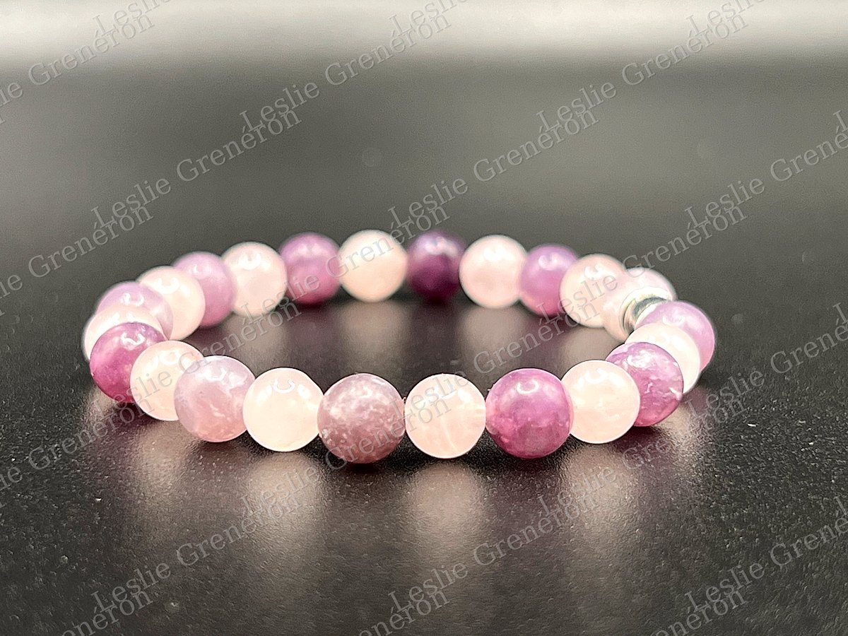 Bracelet Petit Refuge en pierres naturelles — Quartz rose, Lépidolite, Perle argentée