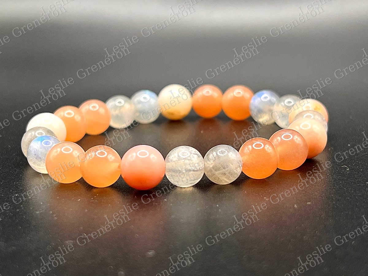 Bracelet Coeur de Lune en pierres naturelles — Labradorite, Opale rose, pierre de lune orange