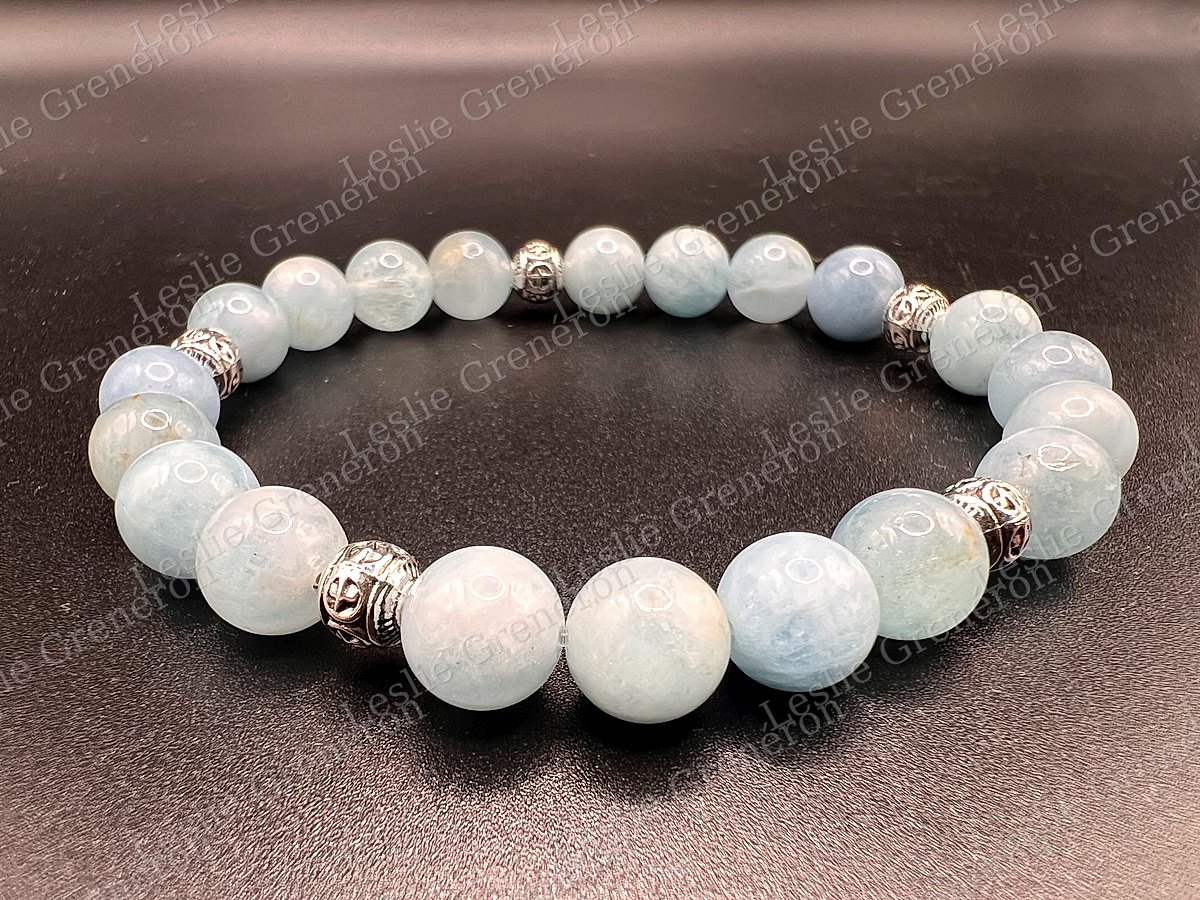 Bracelet Épuré en pierres naturelles — Aigue-marine, Perle argentée