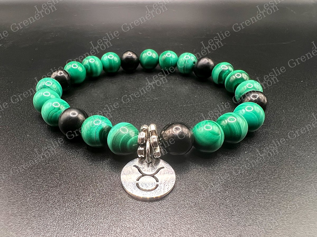Bracelet La Force du Taureau en pierres naturelles — Malachite Claire, Shungite