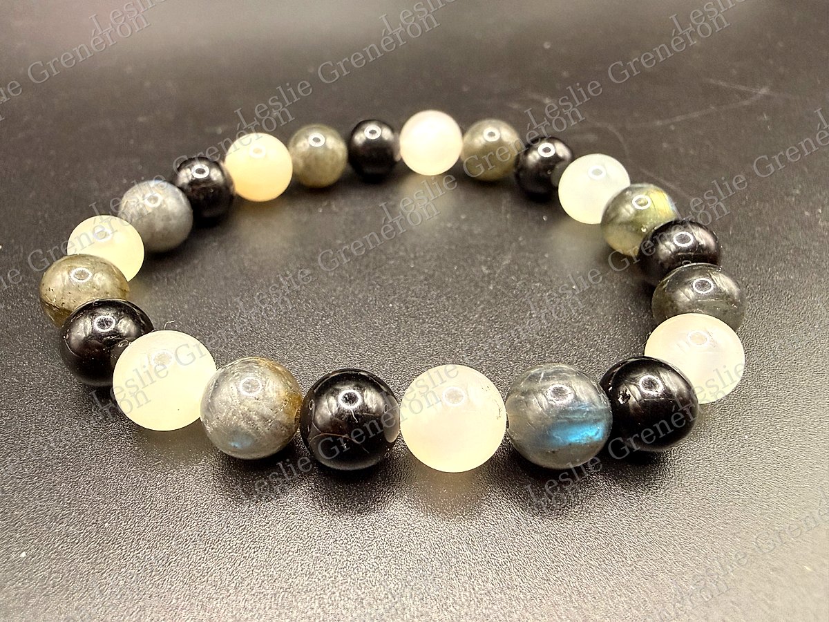 Bracelet Hypersensibilité - Collection Rentrée en pierres naturelles — Labradorite noire, Pierre de lune beige, Tourmaline noire